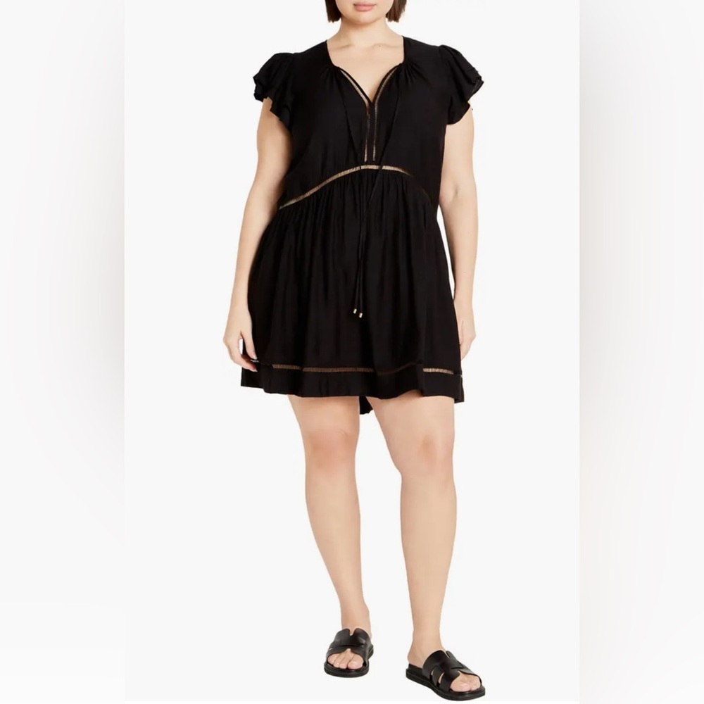 NWT City Chic Size 16 Dallas Embroidered Inset‎ Flutter Cap Sleeve Dress Black